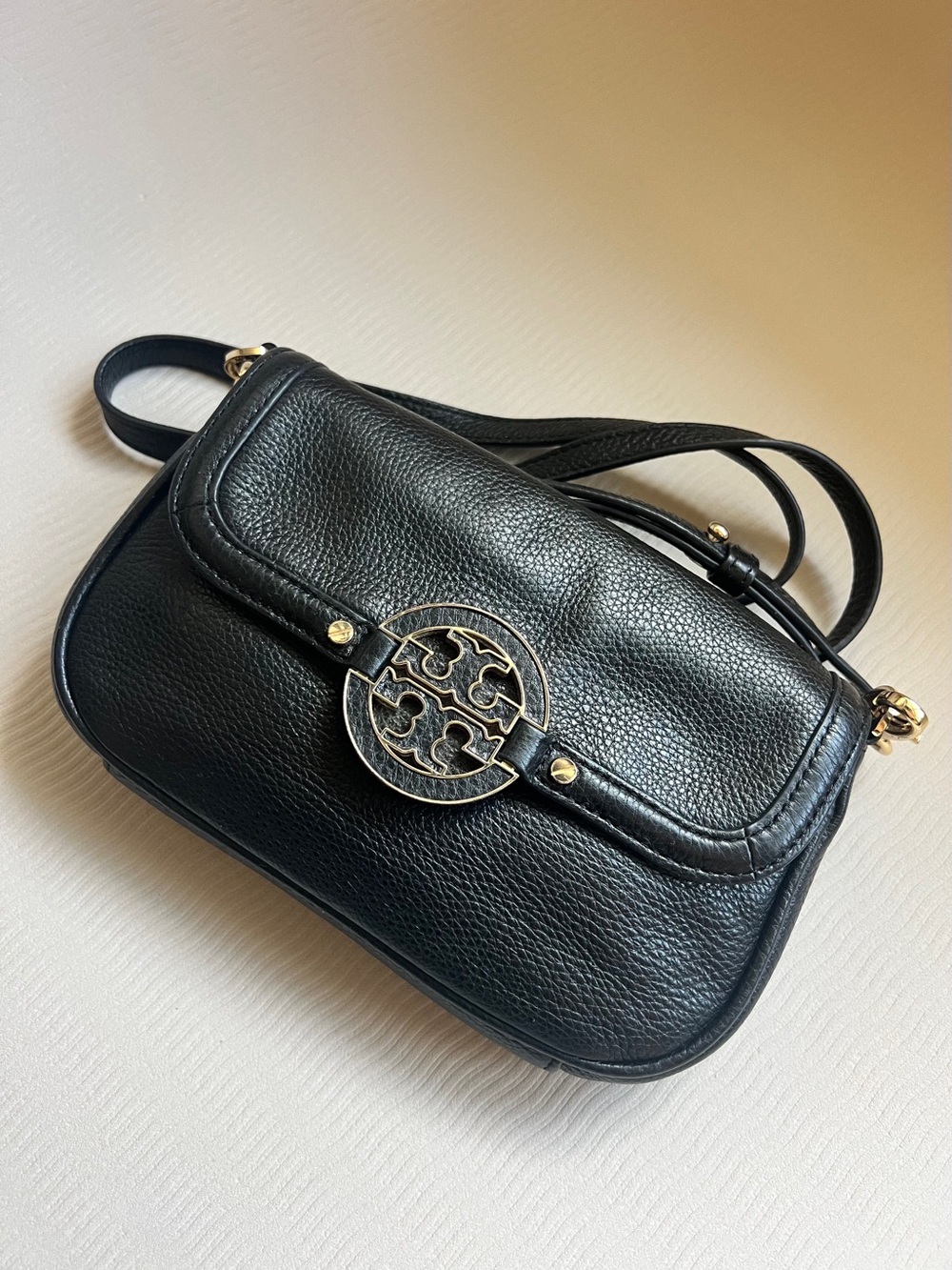 Tory Burch Amanda Mini Crossbody Black Leather Gold Logo Flap Bag